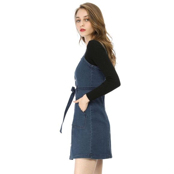 Women's Classic Adjustable Strap A-Line Overall Denim Dress Dark Blue - Picture 3 of 6